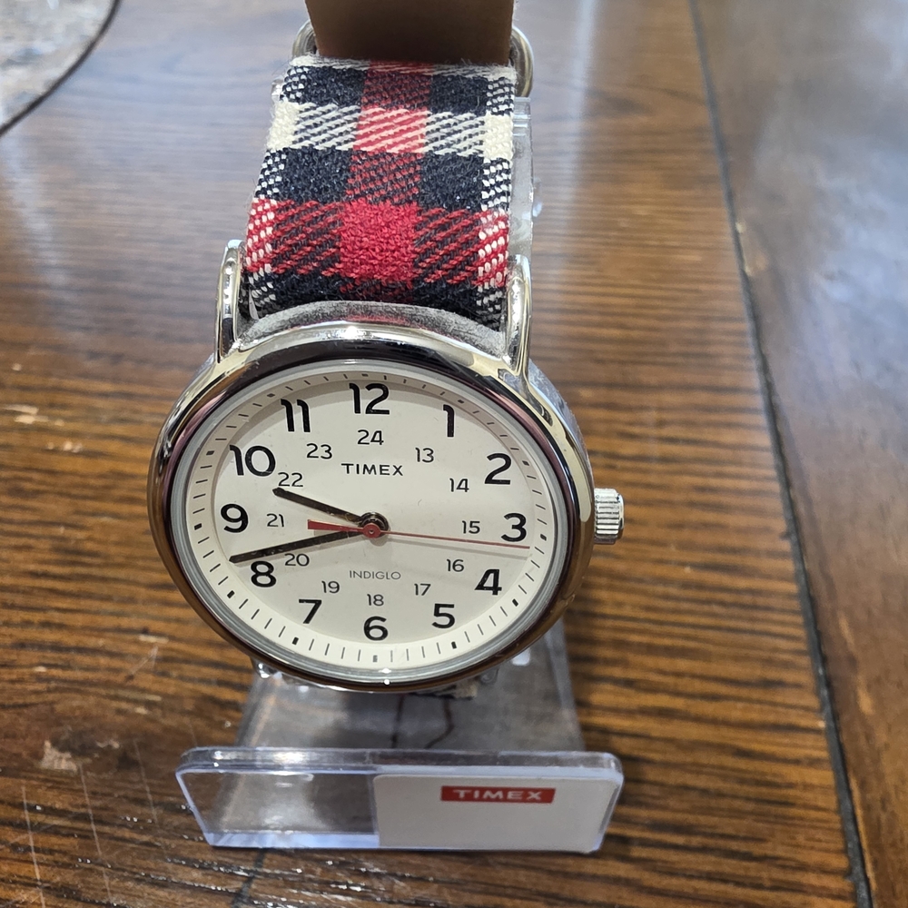 Timex White Dial Watch with Red, Black & Cream Plaid Strap